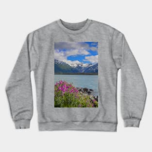 USA. Alaska. Lake with Wildflowers in the Foreground. Crewneck Sweatshirt